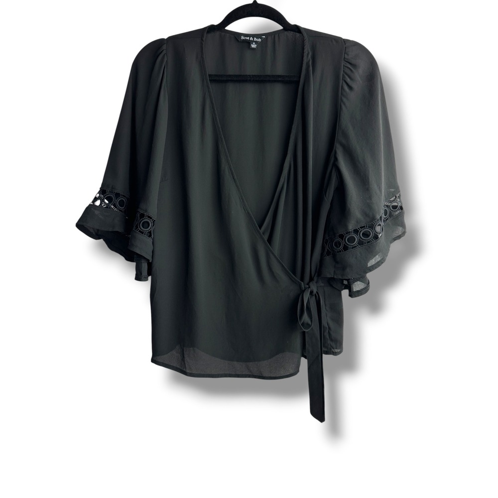 Strut & Bolt Wrap Blouse Women Size S Black Eyelet Bell Sleeve V-Neck TB-5766-H